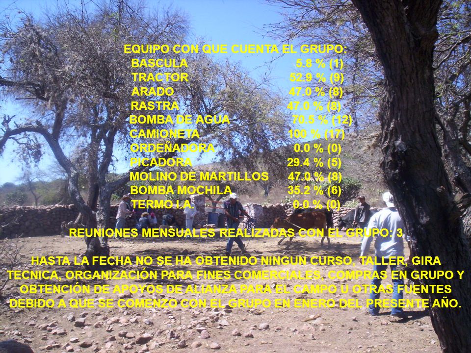 EQUIPO CON QUE CUENTA EL GRUPO: BASCULA 5.8 % (1) TRACTOR 52.9 % (9)