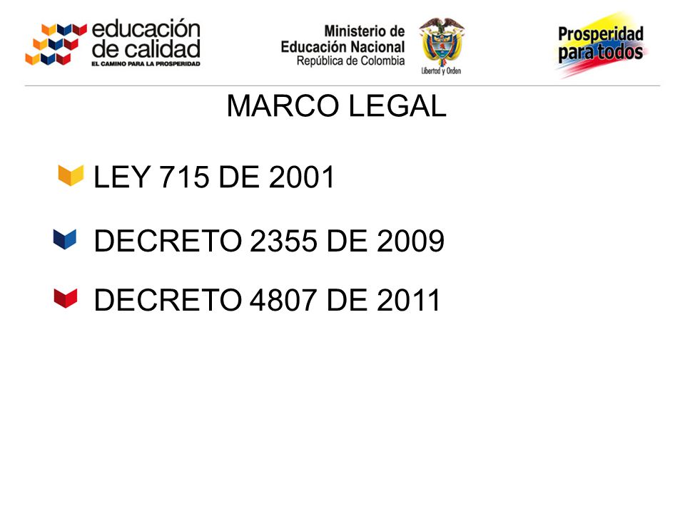MARCO LEGAL LEY 715 DE 2001 DECRETO 2355 DE 2009 DECRETO 4807 DE 2011