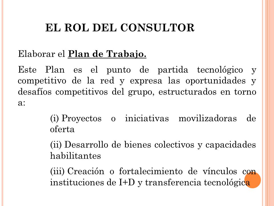 EL ROL DEL CONSULTOR Elaborar el Plan de Trabajo.