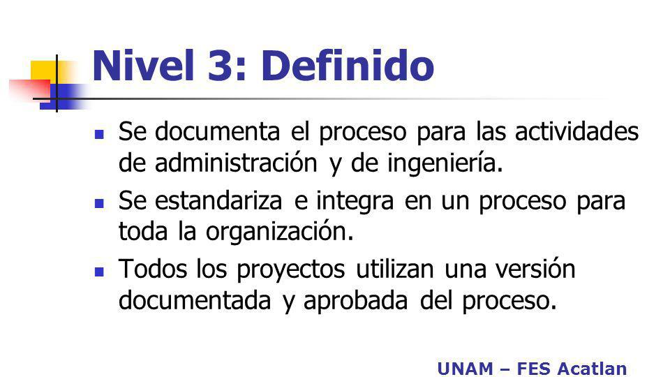 Nivel 3: Definido Se documenta el proceso para las actividades de administración y de ingeniería.