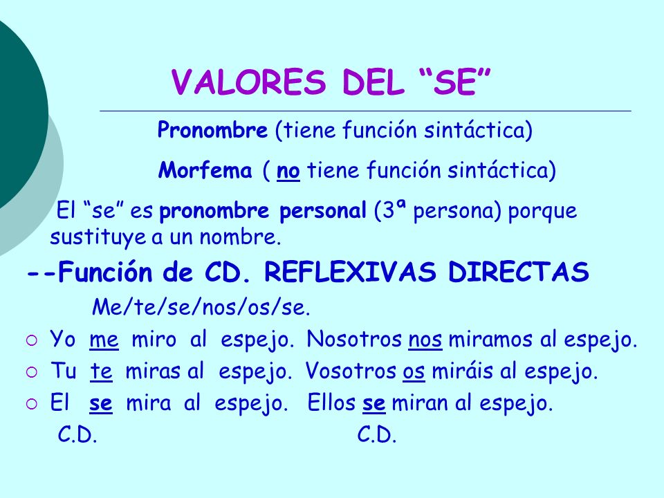 VALORES DEL SE --Función de CD. REFLEXIVAS DIRECTAS
