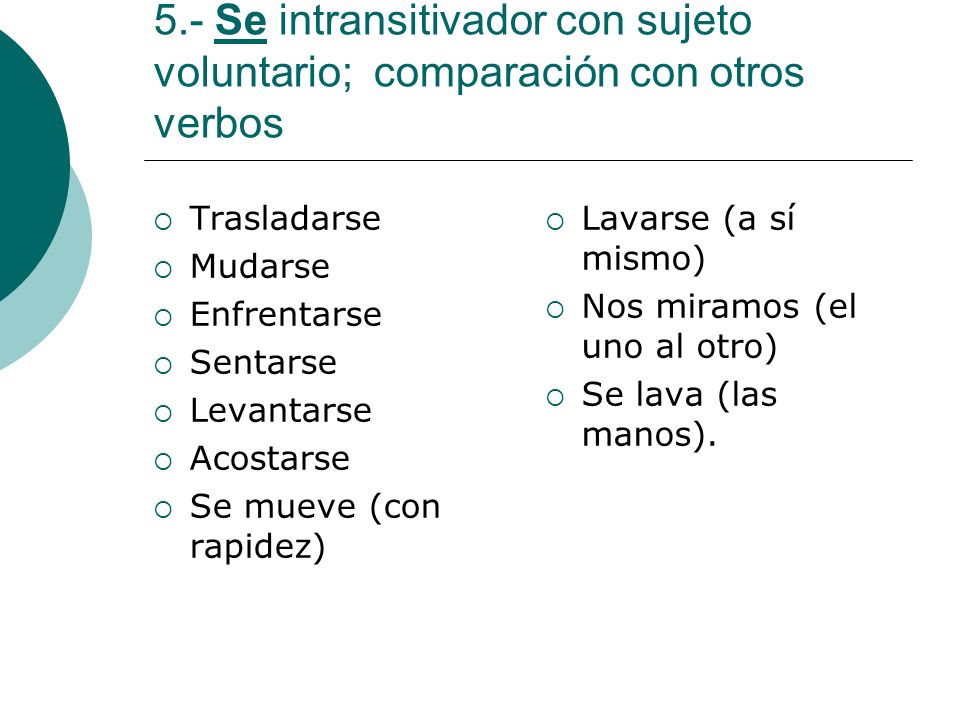 5.- Se intransitivador con sujeto voluntario; comparación con otros verbos