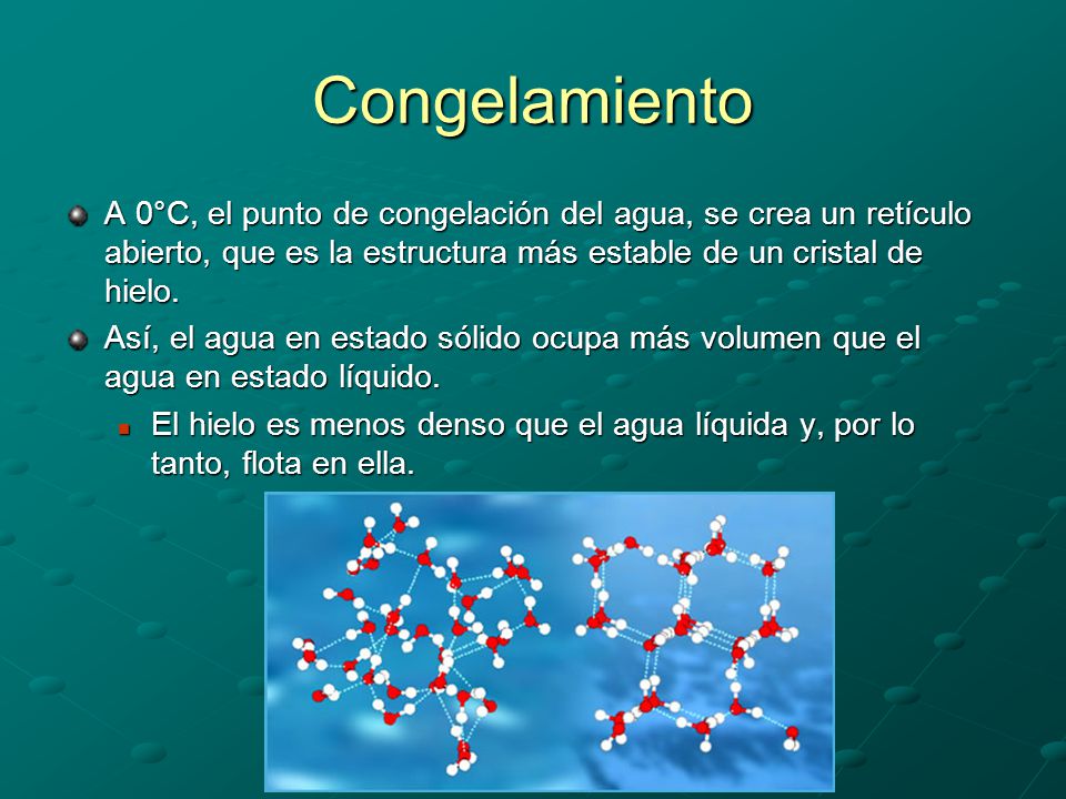 Congelamiento A 0°C, el punto de congelación del agua, se crea un retículo abierto, que es la estructura más estable de un cristal de hielo.