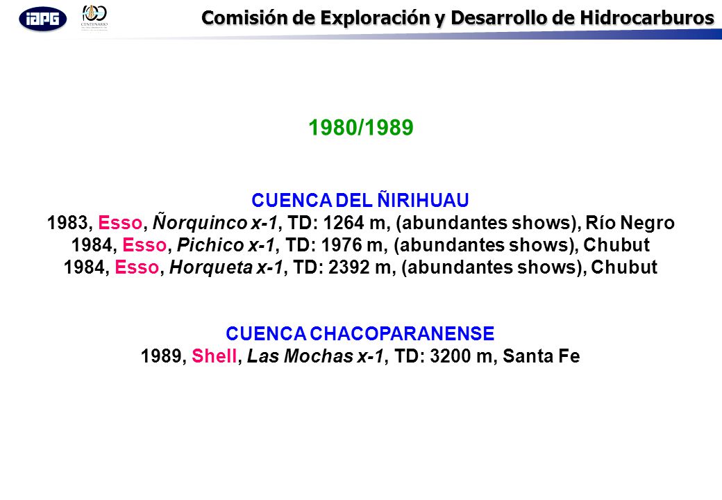 1980/1989 CUENCA DEL ÑIRIHUAU. 1983, Esso, Ñorquinco x-1, TD: 1264 m, (abundantes shows), Río Negro.