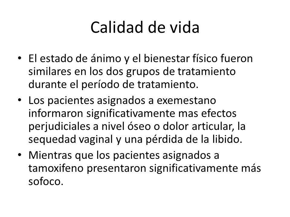 Calidad de vida El estado de ánimo y el bienestar físico fueron similares en los dos grupos de tratamiento durante el período de tratamiento.