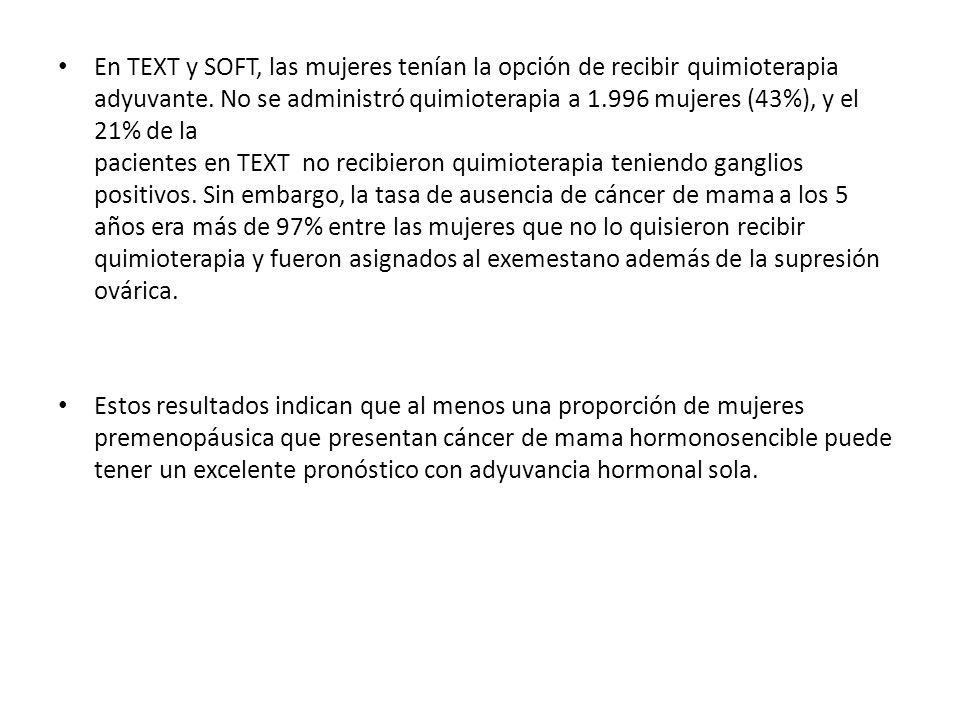 En TEXT y SOFT, las mujeres tenían la opción de recibir quimioterapia adyuvante. No se administró quimioterapia a mujeres (43%), y el 21% de la pacientes en TEXT no recibieron quimioterapia teniendo ganglios positivos. Sin embargo, la tasa de ausencia de cáncer de mama a los 5 años era más de 97% entre las mujeres que no lo quisieron recibir quimioterapia y fueron asignados al exemestano además de la supresión ovárica.