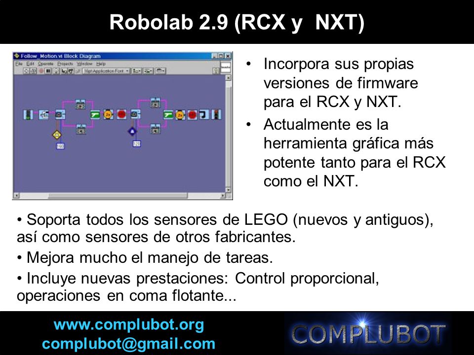 Robolab 2.9 (RCX y NXT) Incorpora sus propias versiones de firmware para el RCX y NXT.