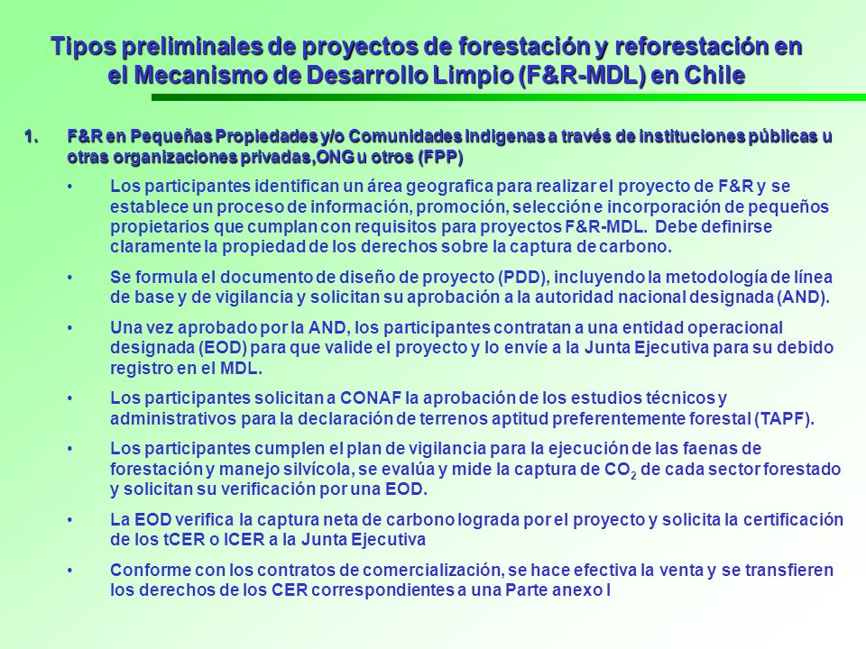 Tipos preliminales de proyectos de forestación y reforestación en el Mecanismo de Desarrollo Limpio (F&R-MDL) en Chile