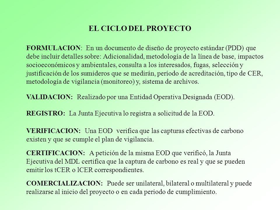 EL CICLO DEL PROYECTO FORMULACION: En un documento de diseño de proyecto estándar (PDD) que.