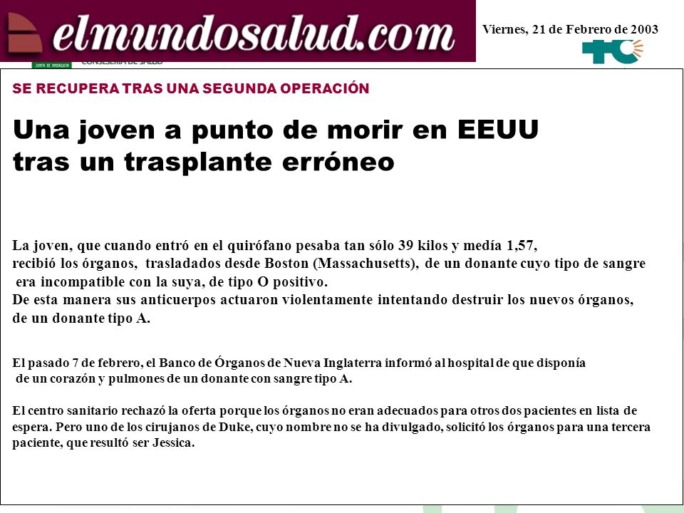 Una joven a punto de morir en EEUU tras un trasplante erróneo