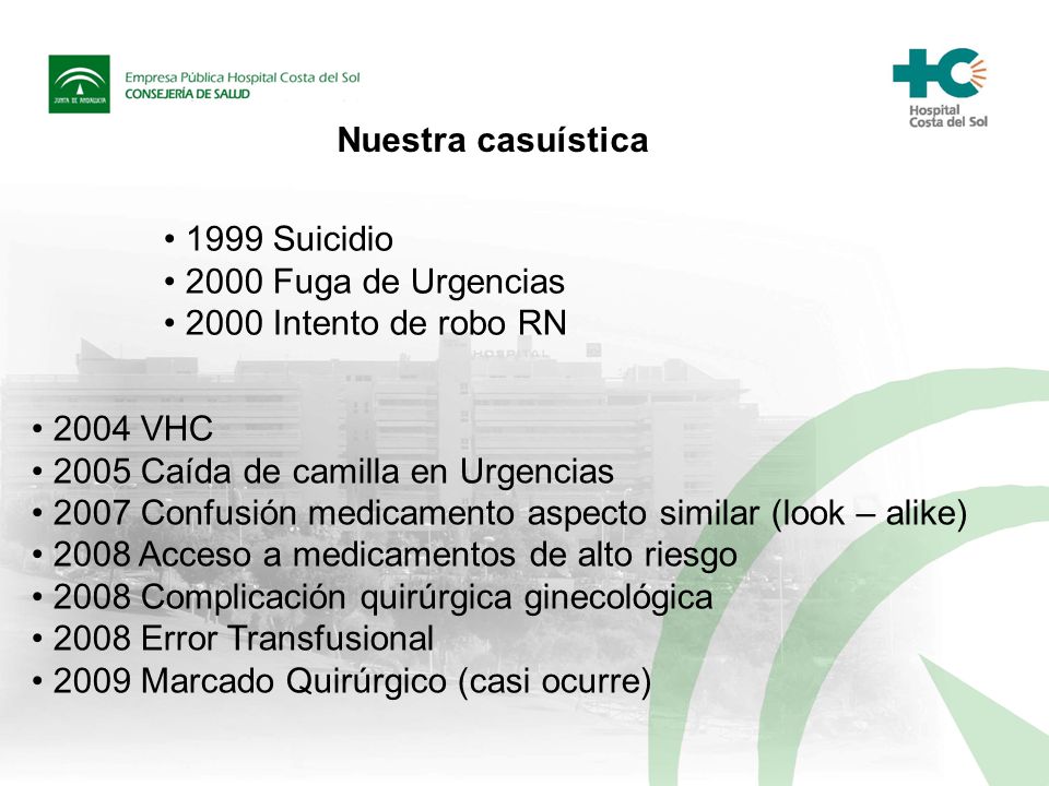 Nuestra casuística 1999 Suicidio Fuga de Urgencias Intento de robo RN VHC Caída de camilla en Urgencias.