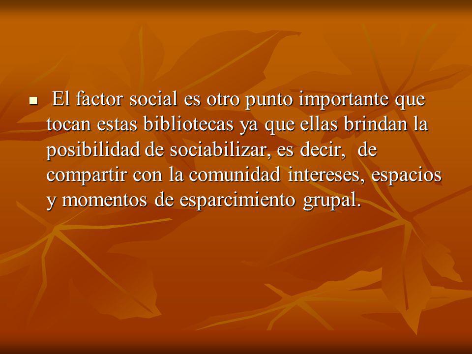 El factor social es otro punto importante que tocan estas bibliotecas ya que ellas brindan la posibilidad de sociabilizar, es decir, de compartir con la comunidad intereses, espacios y momentos de esparcimiento grupal.