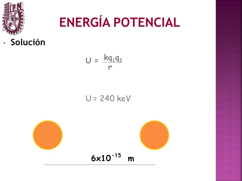 ENERGÍA POTENCIAL Solución kq1q2 U = r U = 240 keV -15 6x10 m