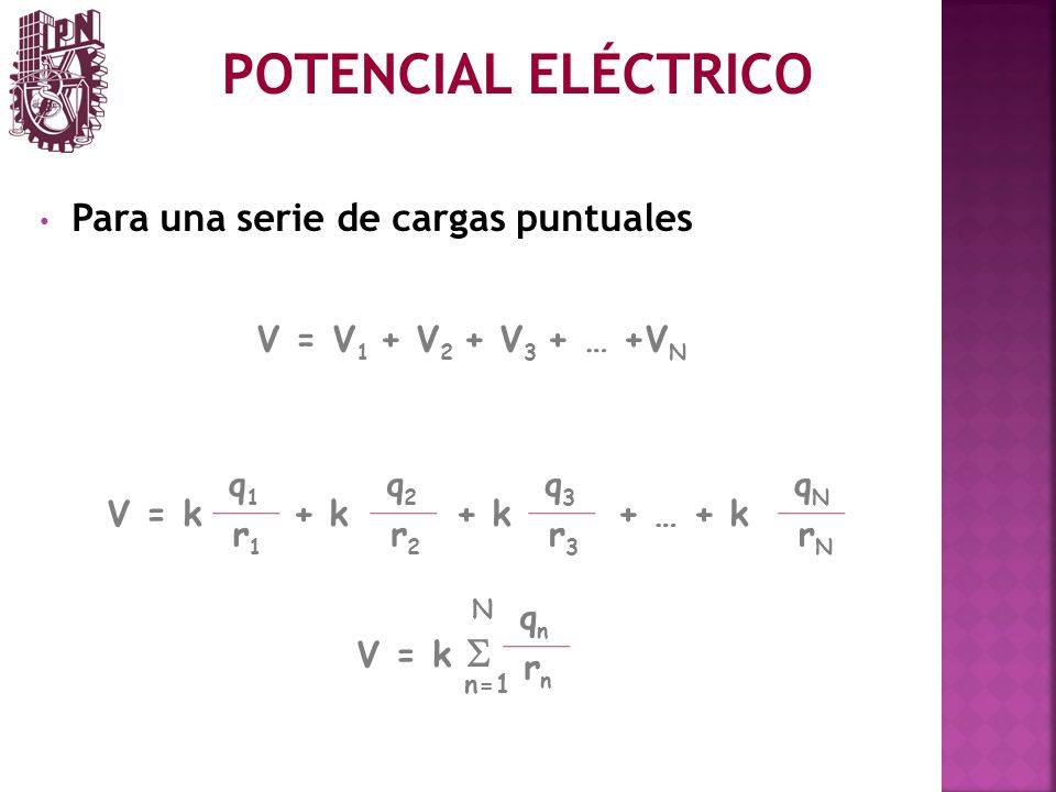 POTENCIAL ELÉCTRICO Para una serie de cargas puntuales q1 q2 q3 qN r1