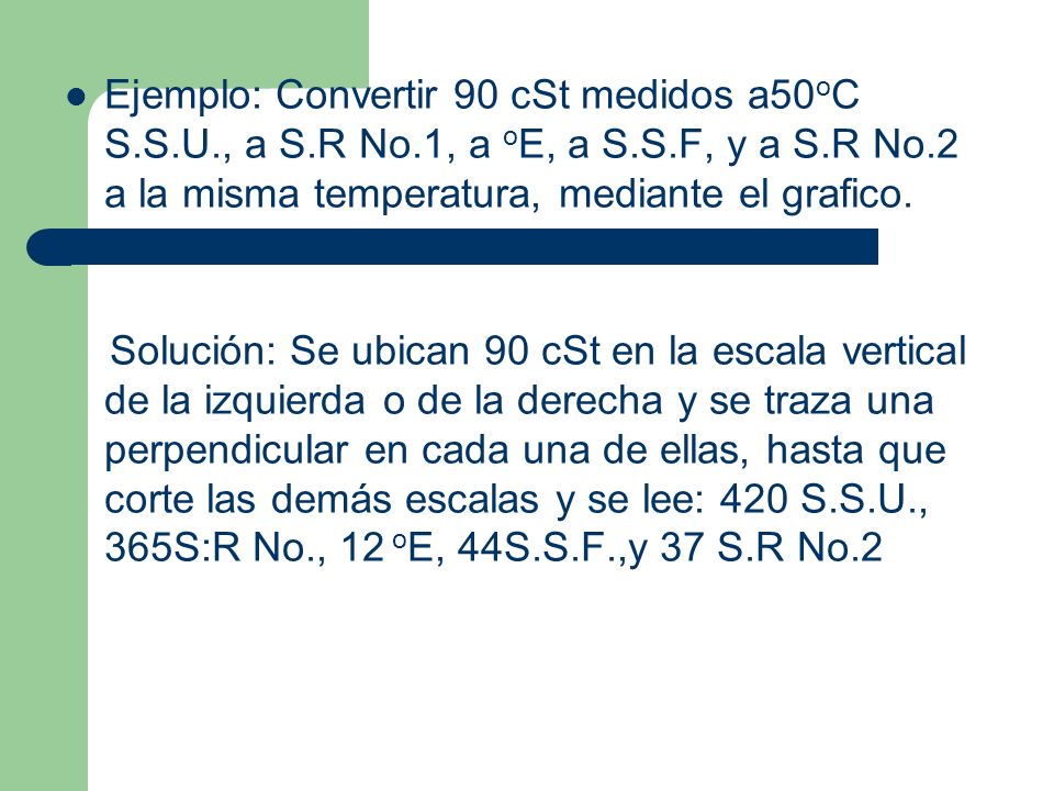 Ejemplo: Convertir 90 cSt medidos a50oC S. S. U. , a S. R No