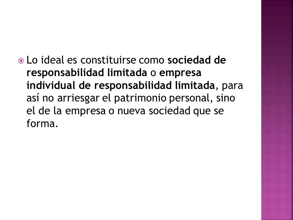Lo ideal es constituirse como sociedad de responsabilidad limitada o empresa individual de responsabilidad limitada, para así no arriesgar el patrimonio personal, sino el de la empresa o nueva sociedad que se forma.