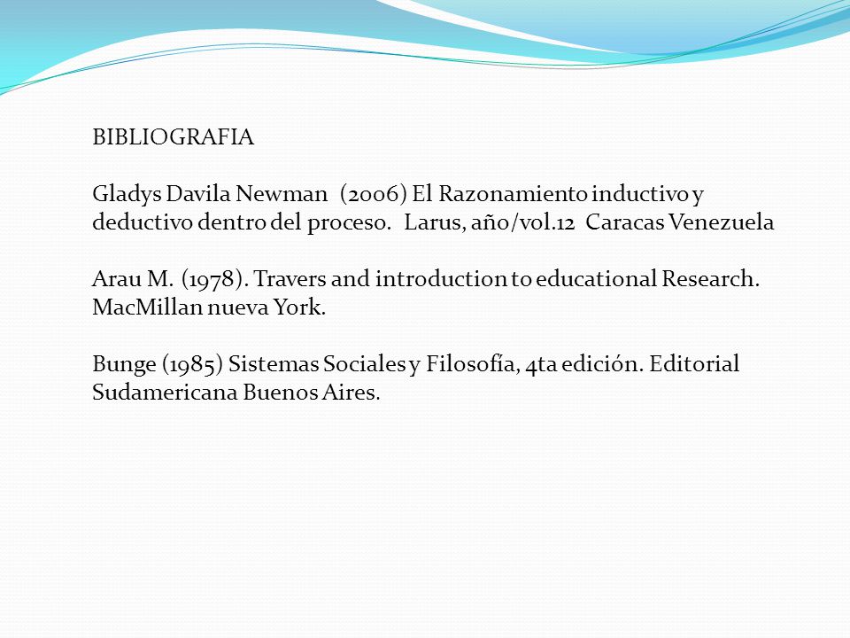BIBLIOGRAFIA Gladys Davila Newman (2006) El Razonamiento inductivo y deductivo dentro del proceso. Larus, año/vol.12 Caracas Venezuela.