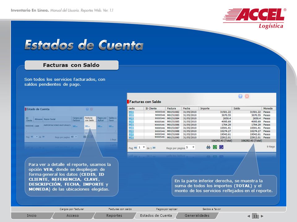 Facturas con Saldo Son todos los servicios facturados, con saldos pendientes de pago. Reportes.