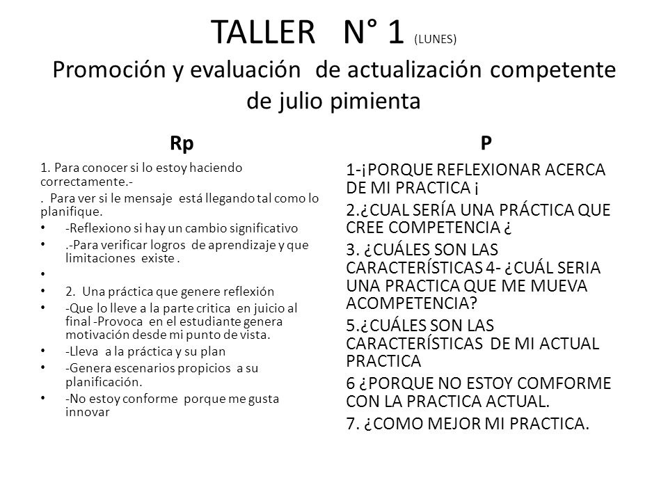 TALLER N° 1 (LUNES) Promoción y evaluación de actualización competente de julio pimienta