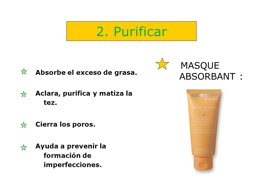 2. Purificar MASQUE ABSORBANT : Absorbe el exceso de grasa.