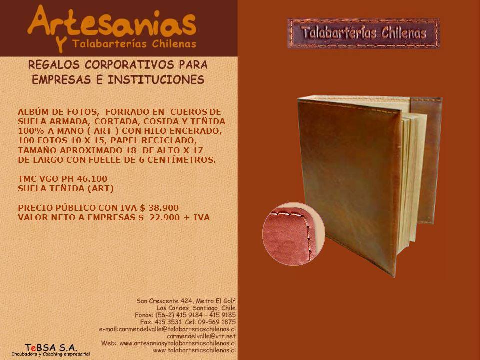 ALBÚM DE FOTOS, FORRADO EN CUEROS DE SUELA ARMADA, CORTADA, COSIDA Y TEÑIDA 100% A MANO ( ART ) CON HILO ENCERADO, 100 FOTOS 10 X 15, PAPEL RECICLADO, TAMAÑO APROXIMADO 18 DE ALTO X 17