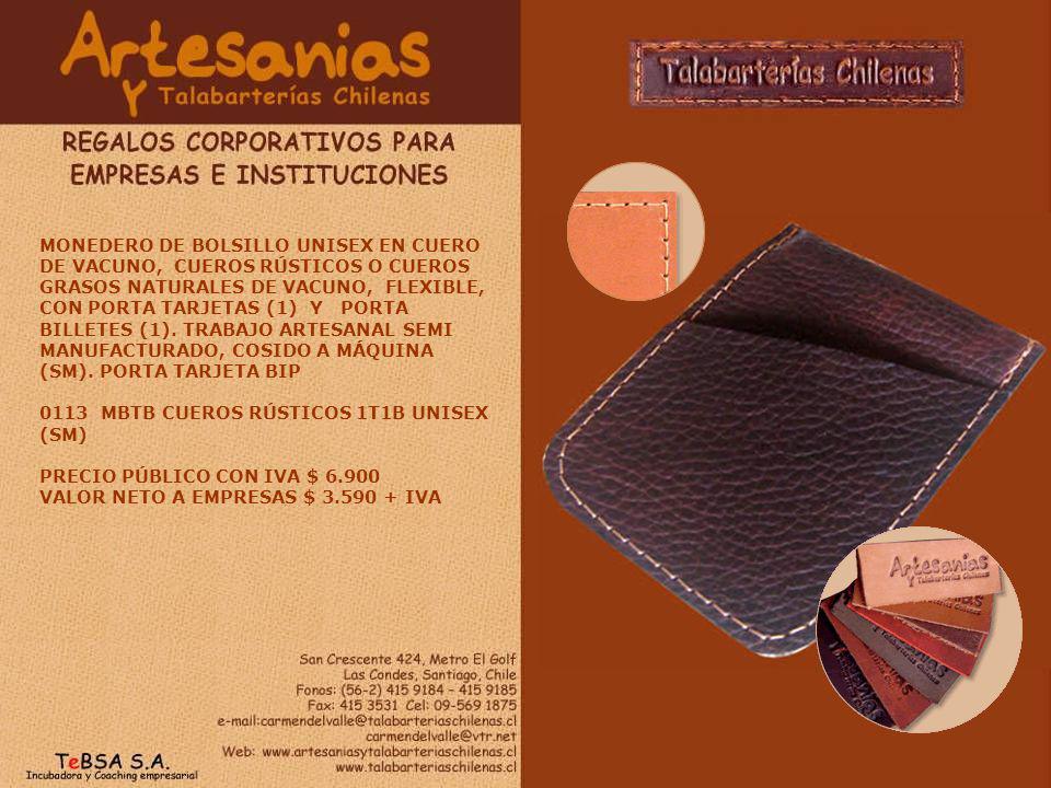 MONEDERO DE BOLSILLO UNISEX EN CUERO DE VACUNO, CUEROS RÚSTICOS O CUEROS GRASOS NATURALES DE VACUNO, FLEXIBLE, CON PORTA TARJETAS (1) Y PORTA BILLETES (1). TRABAJO ARTESANAL SEMI MANUFACTURADO, COSIDO A MÁQUINA (SM). PORTA TARJETA BIP