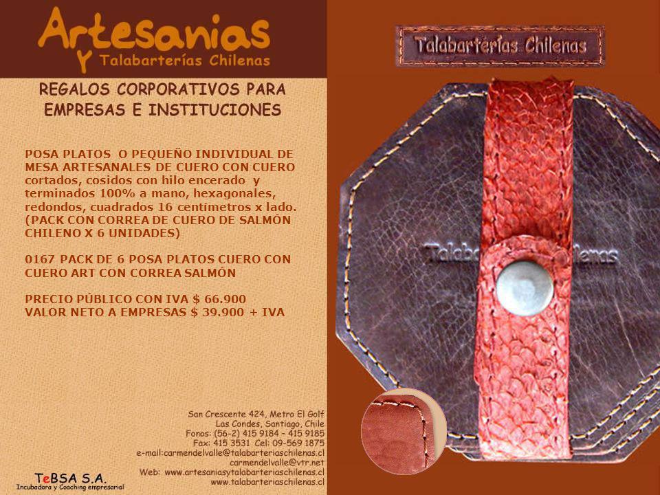 POSA PLATOS O PEQUEÑO INDIVIDUAL DE MESA ARTESANALES DE CUERO CON CUERO cortados, cosidos con hilo encerado y terminados 100% a mano, hexagonales, redondos, cuadrados 16 centímetros x lado. (PACK CON CORREA DE CUERO DE SALMÓN CHILENO X 6 UNIDADES)