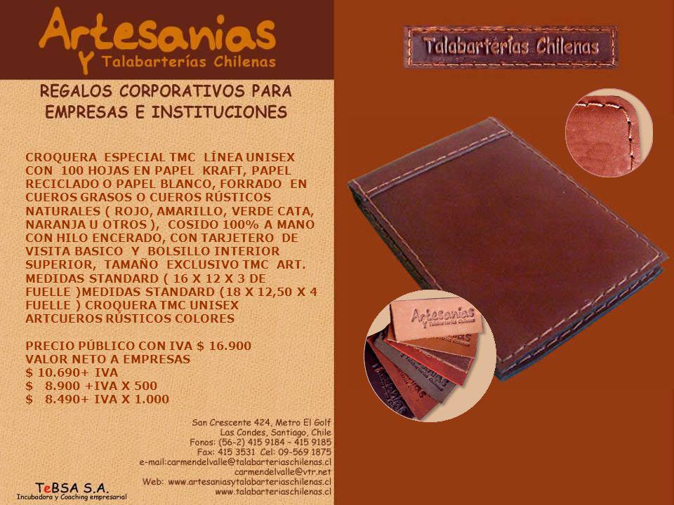 CROQUERA ESPECIAL TMC LÍNEA UNISEX CON 100 HOJAS EN PAPEL KRAFT, PAPEL RECICLADO O PAPEL BLANCO, FORRADO EN CUEROS GRASOS O CUEROS RÚSTICOS NATURALES ( ROJO, AMARILLO, VERDE CATA, NARANJA U OTROS ), COSIDO 100% A MANO CON HILO ENCERADO, CON TARJETERO DE VISITA BASICO Y BOLSILLO INTERIOR SUPERIOR, TAMAÑO EXCLUSIVO TMC ART. MEDIDAS STANDARD ( 16 X 12 X 3 DE