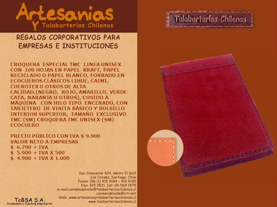 CROQUERA ESPECIAL TMC LINEA UNISEX CON 100 HOJAS EN PAPEL KRAFT, PAPEL RECICLADO O PAPEL BLANCO, FORRADO EN ECOCUEROS CLÁSICOS LIHUE, CAIMI, CUEROTEX U OTROS DE ALTA CALIDAD.(NEGRO, ROJO, AMARILLO, VERDE CATA, NARANJA U OTROS), COSIDO A MÁQUINA CON HILO TIPO ENCERADO, CON TARJETERO DE VISITA BÁSICO Y BOLSILLO INTERIOR SUPERIOR, TAMAÑO EXCLUSIVO TMC (SM) CROQUERA TMC UNISEX (SM) ECOCUERO