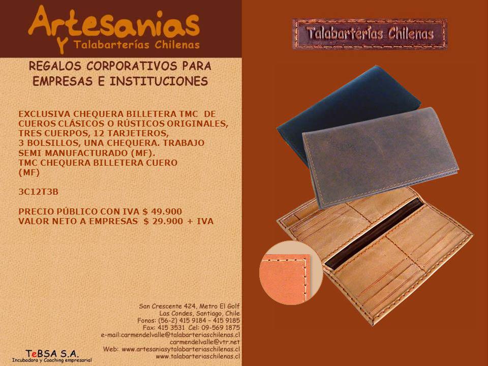 EXCLUSIVA CHEQUERA BILLETERA TMC DE CUEROS CLÁSICOS O RÚSTICOS ORIGINALES, TRES CUERPOS, 12 TARJETEROS,