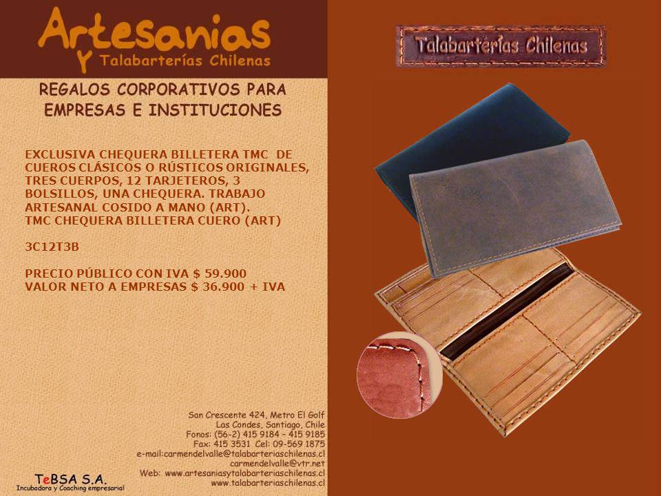 EXCLUSIVA CHEQUERA BILLETERA TMC DE CUEROS CLÁSICOS O RÚSTICOS ORIGINALES, TRES CUERPOS, 12 TARJETEROS, 3 BOLSILLOS, UNA CHEQUERA. TRABAJO ARTESANAL COSIDO A MANO (ART).