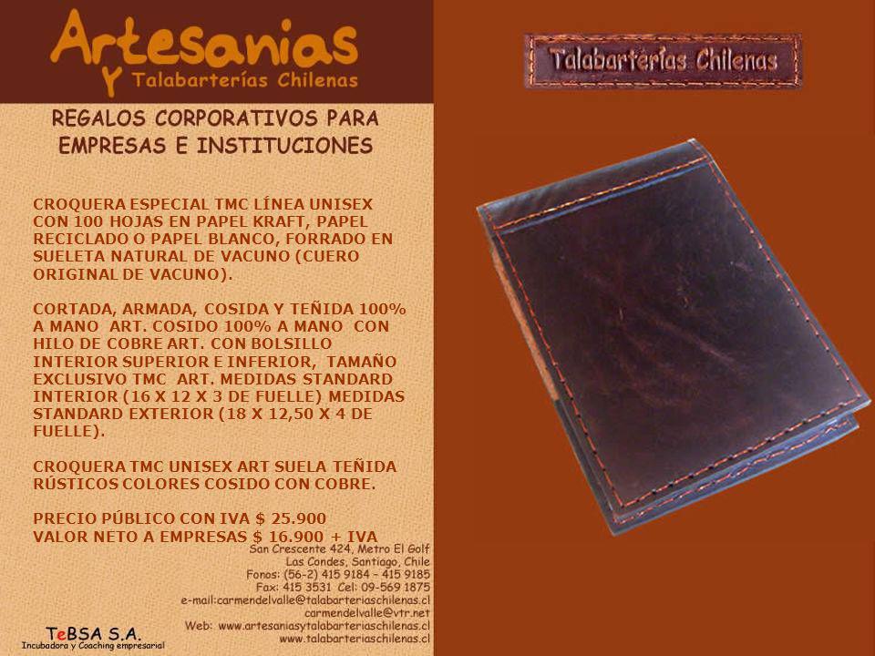 CROQUERA ESPECIAL TMC LÍNEA UNISEX CON 100 HOJAS EN PAPEL KRAFT, PAPEL RECICLADO O PAPEL BLANCO, FORRADO EN SUELETA NATURAL DE VACUNO (CUERO ORIGINAL DE VACUNO).