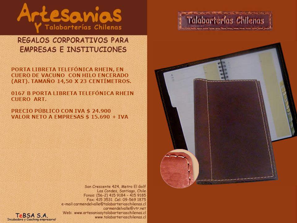 PORTA LIBRETA TELEFÓNICA RHEIN, EN CUERO DE VACUNO CON HILO ENCERADO (ART). TAMAÑO 14,50 X 23 CENTÍMETROS.