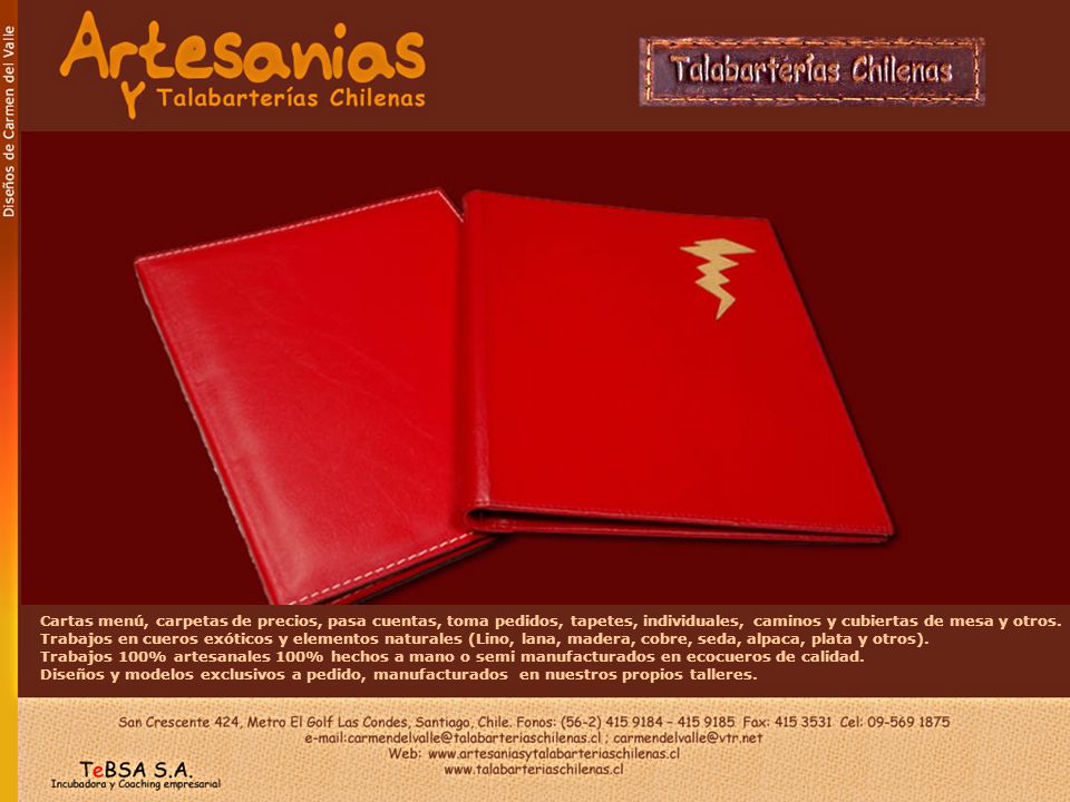 Cartas menú, carpetas de precios, pasa cuentas, toma pedidos, tapetes, individuales, caminos y cubiertas de mesa y otros. Trabajos en cueros exóticos y elementos naturales (Lino, lana, madera, cobre, seda, alpaca, plata y otros).