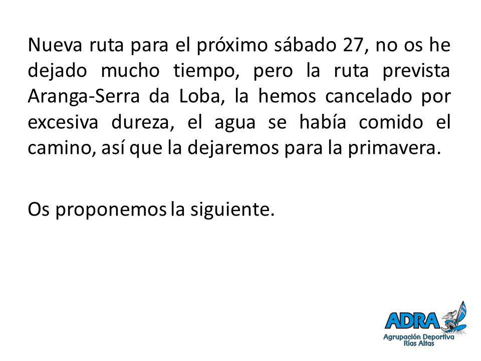 Nueva ruta para el próximo sábado 27, no os he dejado mucho tiempo, pero la ruta prevista Aranga-Serra da Loba, la hemos cancelado por excesiva dureza, el agua se había comido el camino, así que la dejaremos para la primavera.