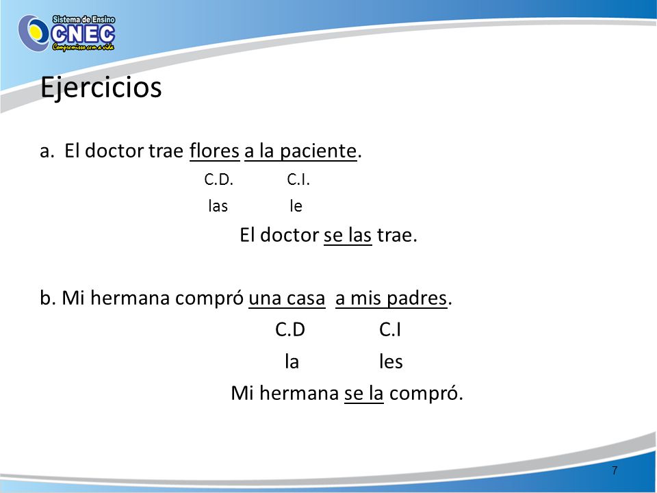 Ejercicios El doctor trae flores a la paciente. El doctor se las trae.