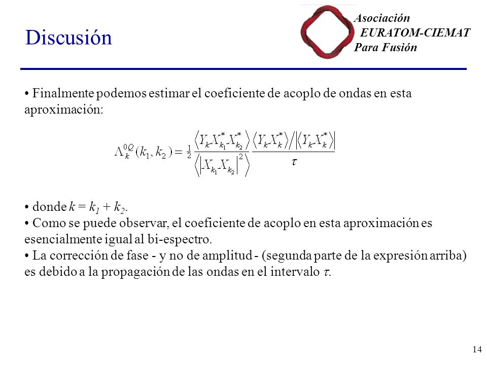 Discusión Finalmente podemos estimar el coeficiente de acoplo de ondas en esta aproximación: donde k = k1 + k2.