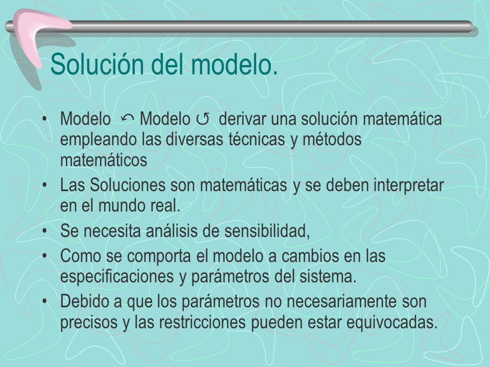 Solución del modelo. Modelo ↶ Modelo ↺ derivar una solución matemática empleando las diversas técnicas y métodos matemáticos.