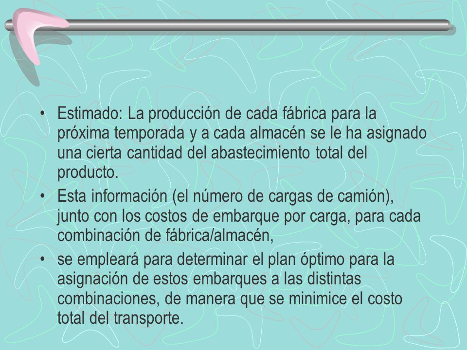 Estimado: La producción de cada fábrica para la próxima temporada y a cada almacén se le ha asignado una cierta cantidad del abastecimiento total del producto.