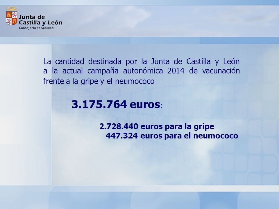 La cantidad destinada por la Junta de Castilla y León a la actual campaña autonómica 2014 de vacunación frente a la gripe y el neumococo