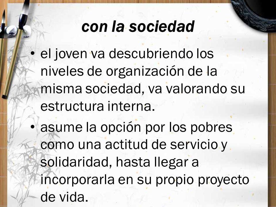 con la sociedad el joven va descubriendo los niveles de organización de la misma sociedad, va valorando su estructura interna.