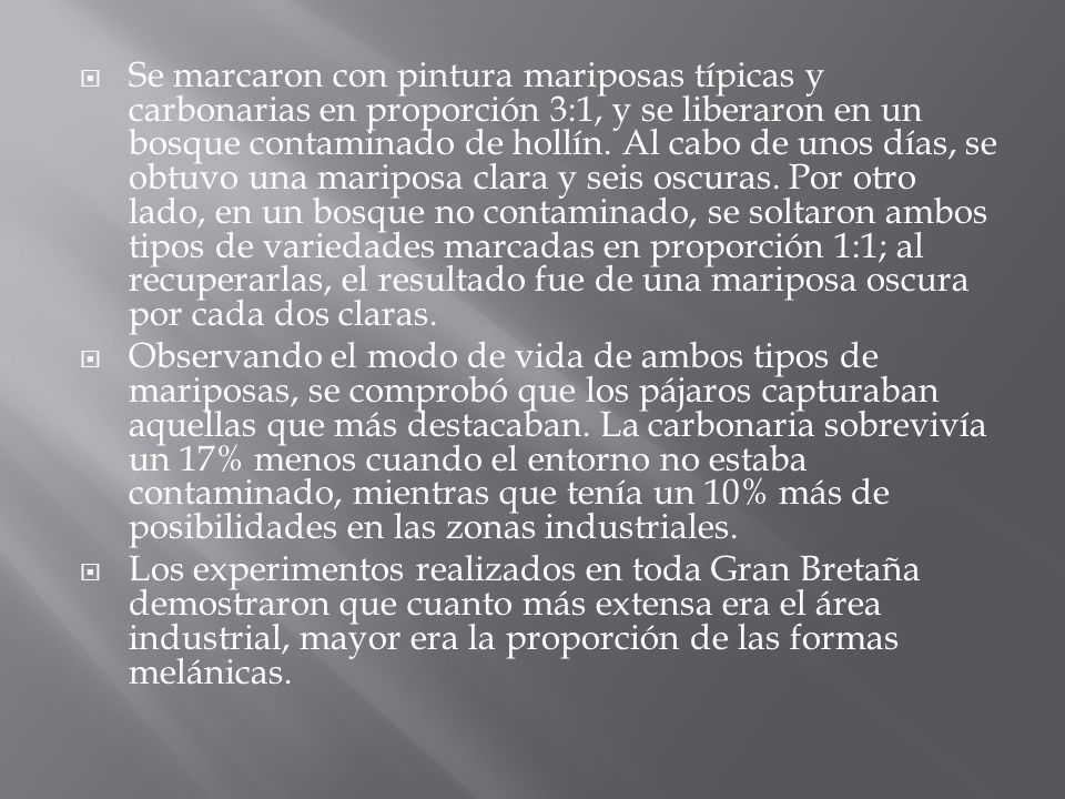 Se marcaron con pintura mariposas típicas y carbonarias en proporción 3:1, y se liberaron en un bosque contaminado de hollín. Al cabo de unos días, se obtuvo una mariposa clara y seis oscuras. Por otro lado, en un bosque no contaminado, se soltaron ambos tipos de variedades marcadas en proporción 1:1; al recuperarlas, el resultado fue de una mariposa oscura por cada dos claras.
