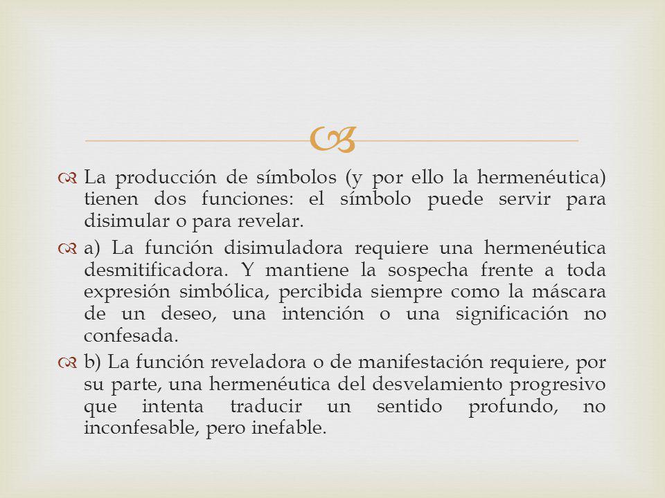 La producción de símbolos (y por ello la hermenéutica) tienen dos funciones: el símbolo puede servir para disimular o para revelar.