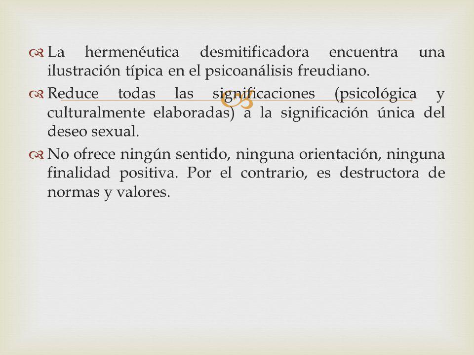 La hermenéutica desmitificadora encuentra una ilustración típica en el psicoanálisis freudiano.