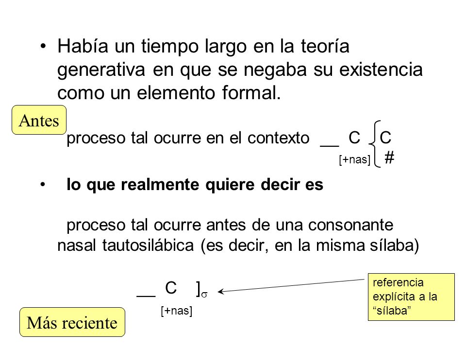 Había un tiempo largo en la teoría generativa en que se negaba su existencia como un elemento formal. proceso tal ocurre en el contexto __ C C [+nas] #