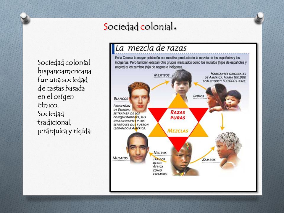 Sociedad colonial. Sociedad colonial hispanoamericana fue una sociedad de castas basada en el origen étnico.