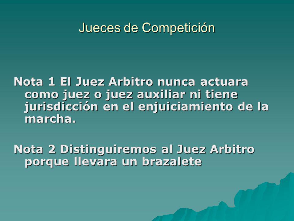 Jueces de Competición Nota 1 El Juez Arbitro nunca actuara como juez o juez auxiliar ni tiene jurisdicción en el enjuiciamiento de la marcha.