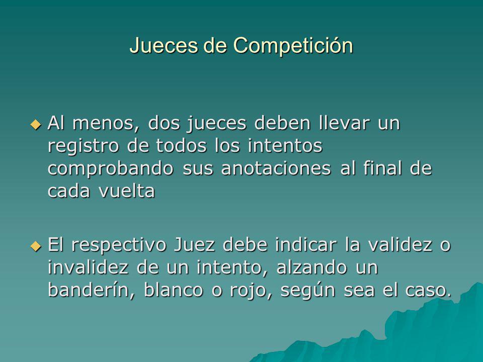Jueces de Competición Al menos, dos jueces deben llevar un registro de todos los intentos comprobando sus anotaciones al final de cada vuelta.