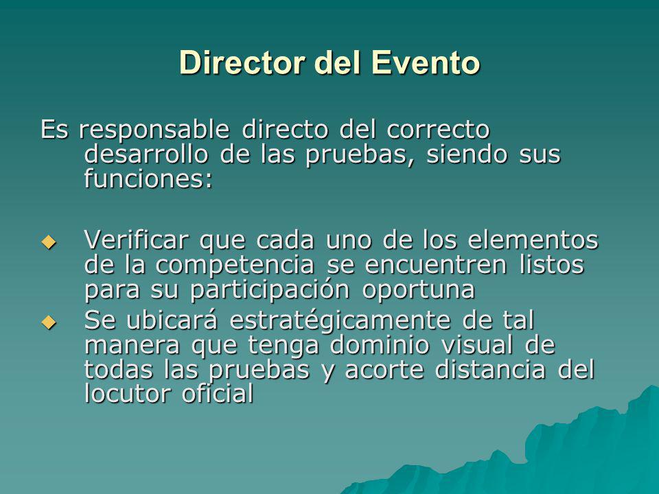 Director del Evento Es responsable directo del correcto desarrollo de las pruebas, siendo sus funciones: