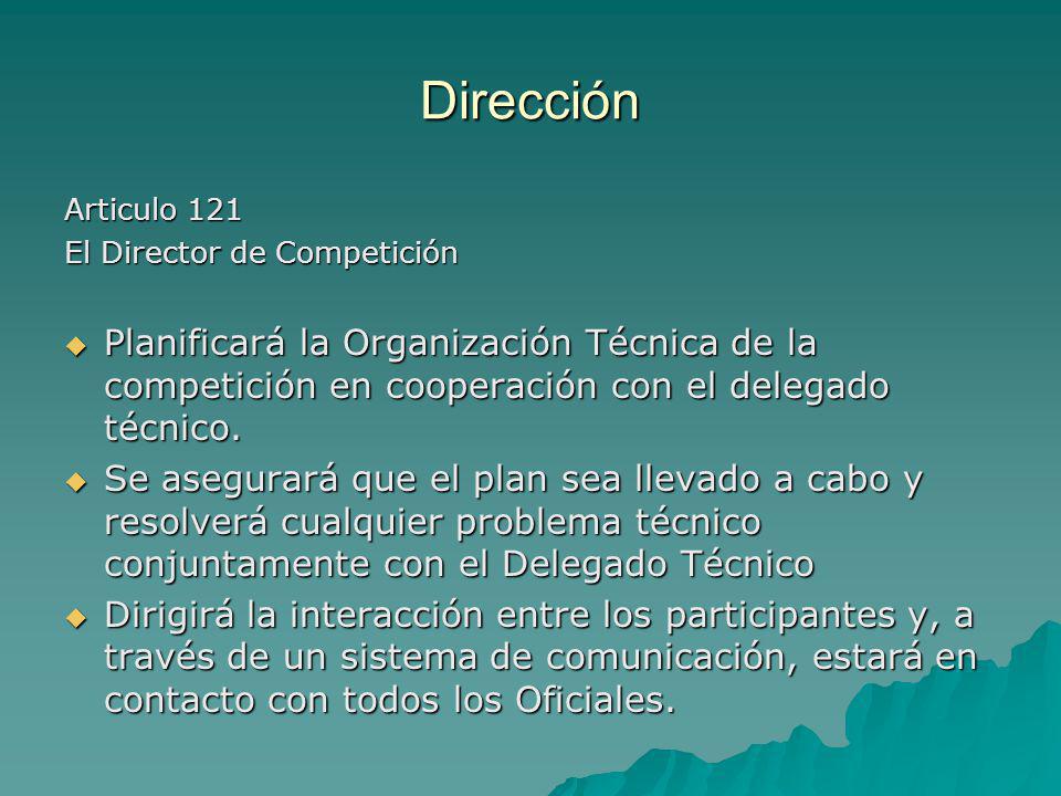 Dirección Articulo 121. El Director de Competición. Planificará la Organización Técnica de la competición en cooperación con el delegado técnico.